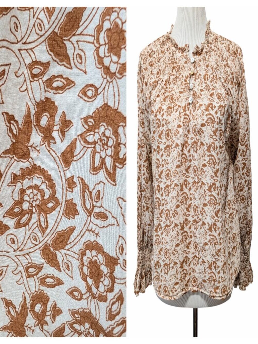 Cleobella Womens Size M Reza Tan Tamil Floral Block Print Cotton Boho Blouse Top